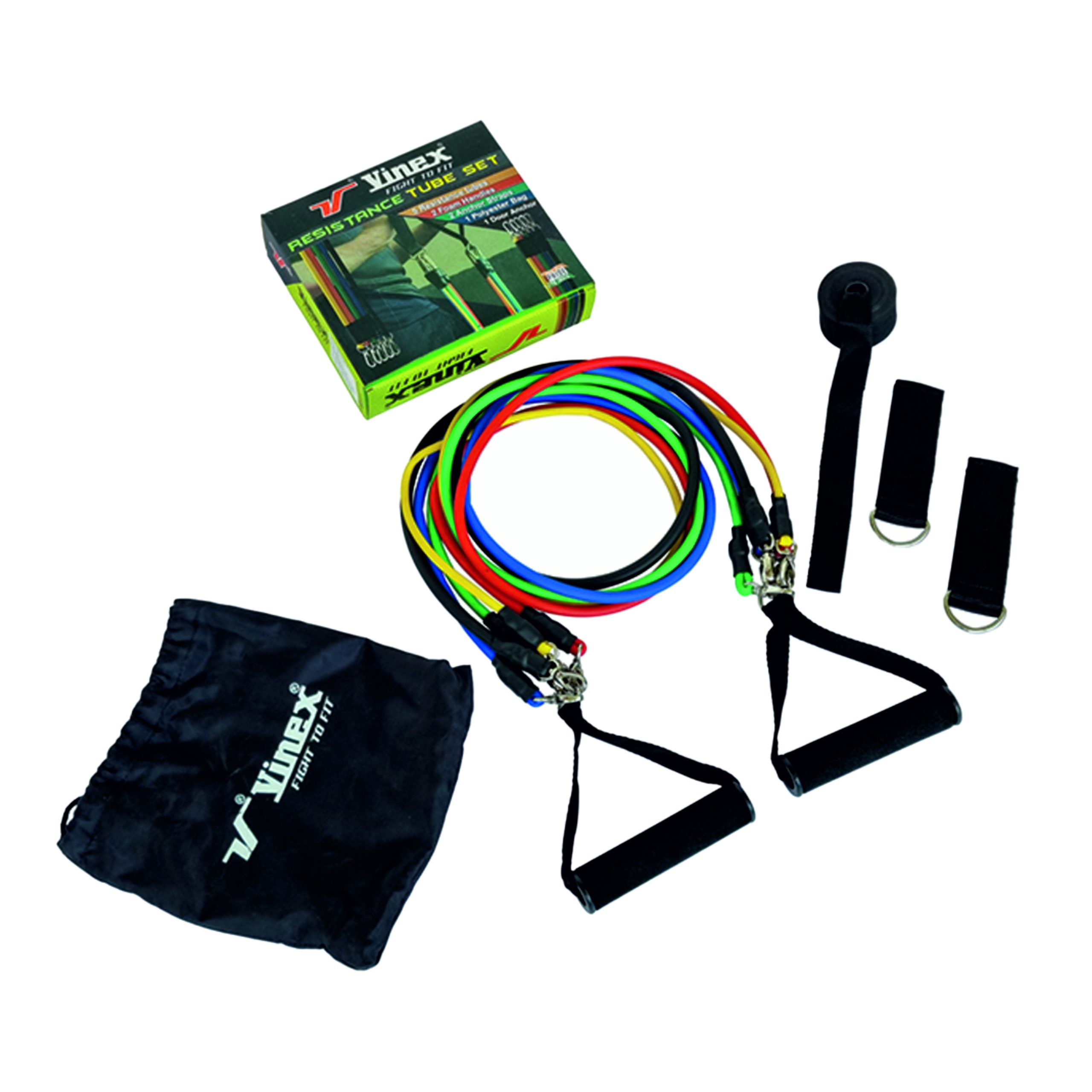 VINEX RESISTANCE TUBE SET RESISTANCE TUBE 11/SET (TUBES 5, DOOR ANCHOR 1,ANKLE STRAPS 2, HANDLES 2, CARRYING BAG - Image 1